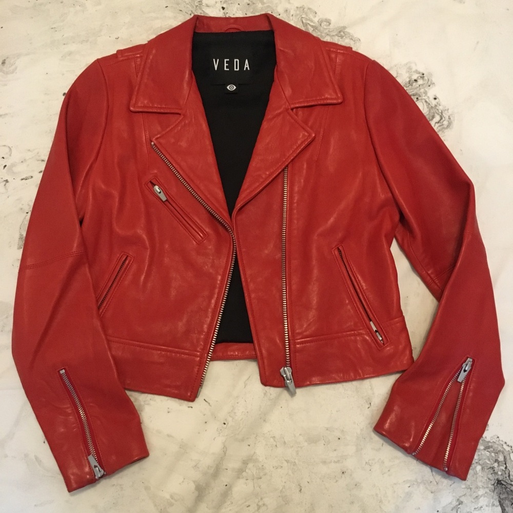 Veda Red Leather Moto Jacket - Size M